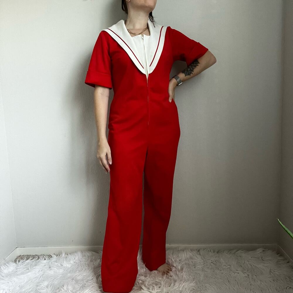 Vintage 70s Nautical Red Sailor Jumpsuit M/L